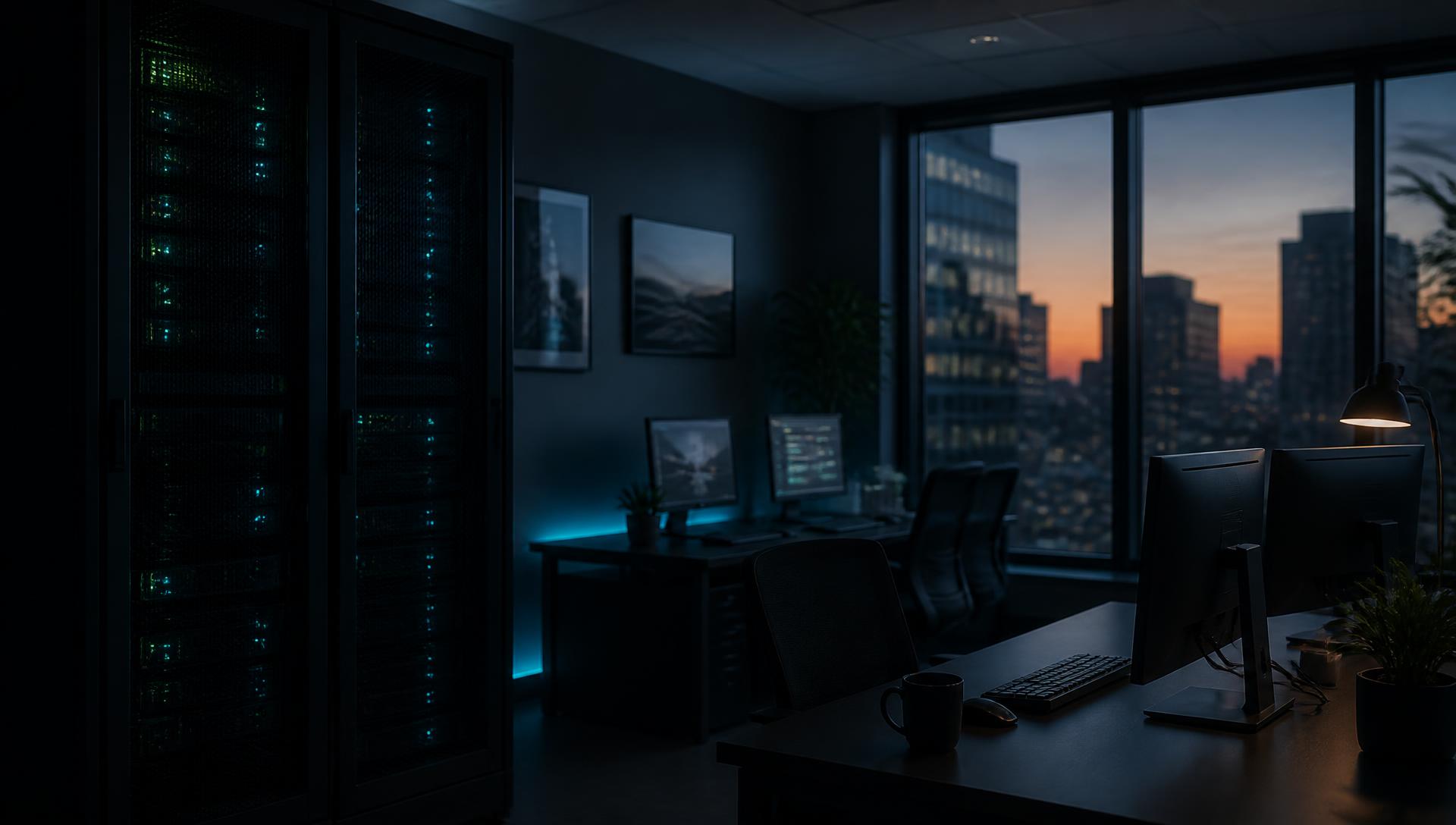 Modern IT office with server infrastructure at dusk